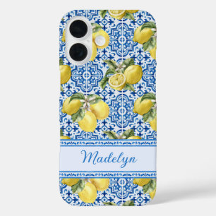 Personalized Name Blue Tile Mediterranean Lemon iPhone 16 Case