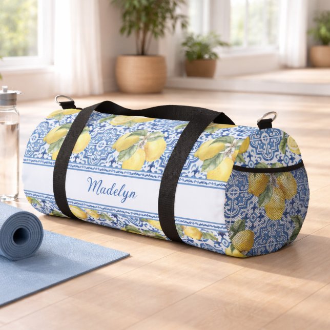 Personalized Name Blue Tile Mediterranean Lemon Duffle Bag (Creator Uploaded)