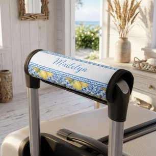Personalized Name Blue Tile Mediterranean Lemon Luggage Handle Wrap