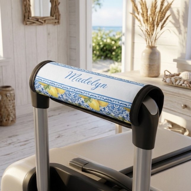 Personalized Name Blue Tile Mediterranean Lemon Luggage Handle Wrap (Creator Uploaded)