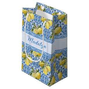 Personalized Name Blue Tile Mediterranean Lemon Small Gift Bag
