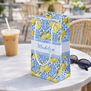 Personalized Name Blue Tile Mediterranean Lemon Small Gift Bag