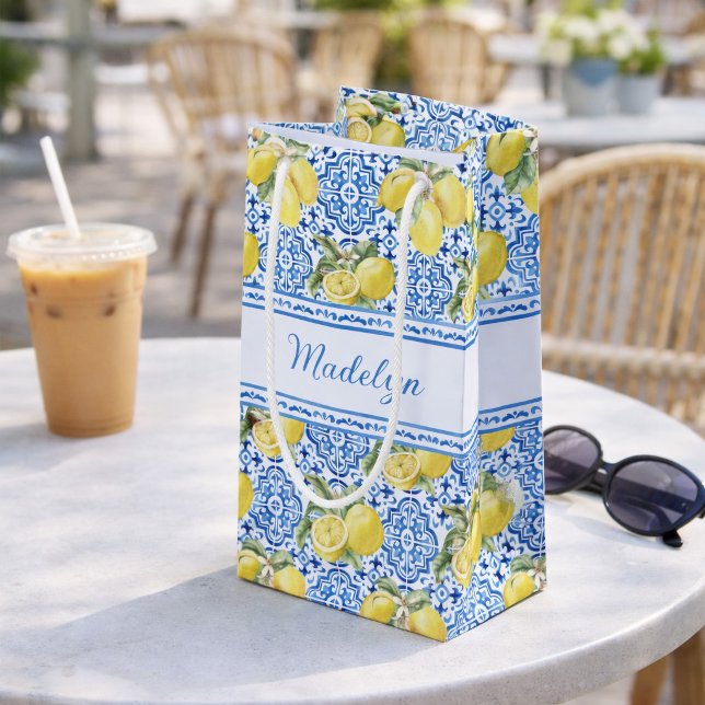 Personalized Name Blue Tile Mediterranean Lemon Small Gift Bag (Creator Uploaded)