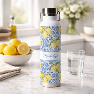 Personalized Name Blue Tile Mediterranean Lemon Water Bottle
