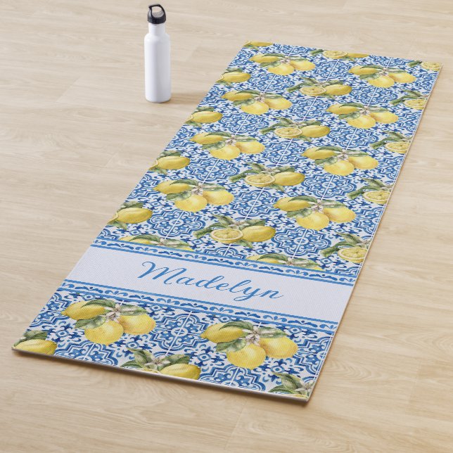 Personalized Name Blue Tile Mediterranean Lemon Yoga Mat (In Situ)