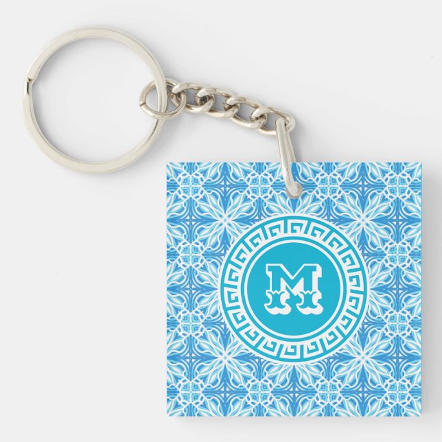 Personalized Name Blue Trellis Print White Text Keychain (Front)