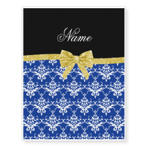Personalized name blue white damask gold bow temporary tattoos