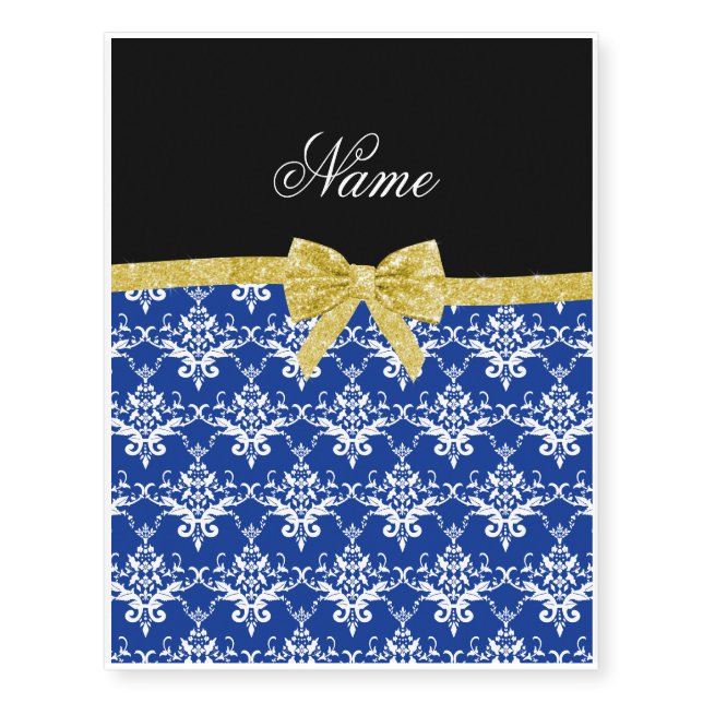 Personalized name blue white damask gold bow temporary tattoos (Front)