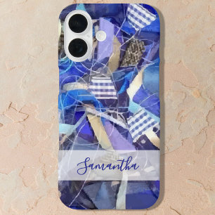 Personalized Name Blue White Lilac Abstract Stripe iPhone 16 Case