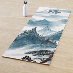 Personalized Name Blue White Mountain View Yoga Mat