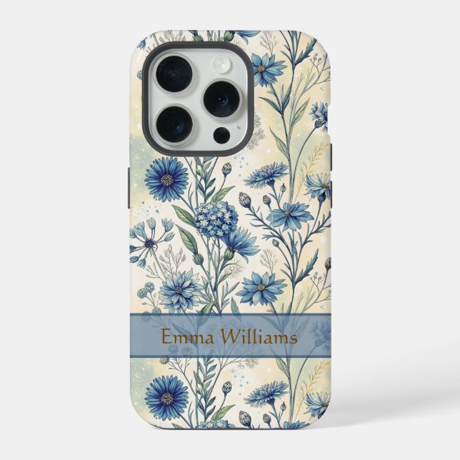 Personalized Name Blue Wildflowers iPhone Case (Back)