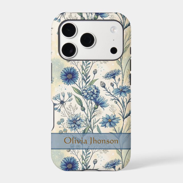 Personalized Name Blue Wildflowers iPhone Case (Back)