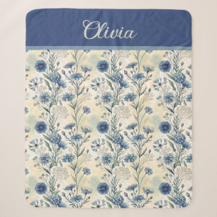Personalized Name Blue Wildflowers Sherpa Blanket