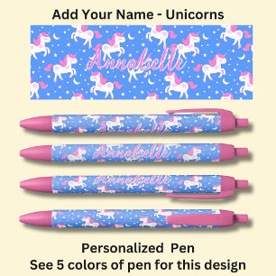 Personalized Name, Blue with Pink White Unicorns Pen