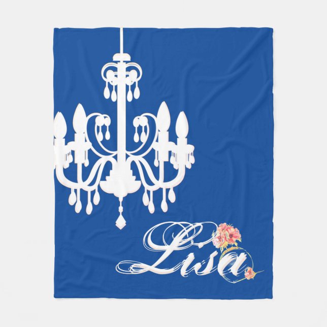 Personalized Name Blue with White Chandelier Fleece Blanket (Front)
