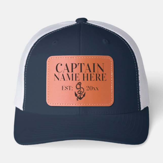 Personalized Name Boats Captain  Leather Patch Hat (Front)