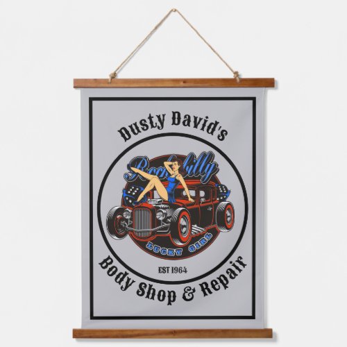 Personalized Name Body Shop Hot Rod Pinup Babe Hanging Tapestry