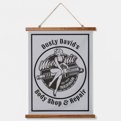 Personalized Name Body Shop  Repair Pinup Babe Hanging Tapestry