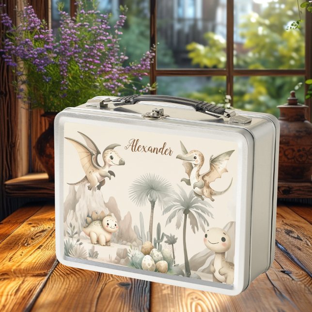 Personalized Name Boho Cute Dinosaur Metal Lunch Box (Creator Uploaded)