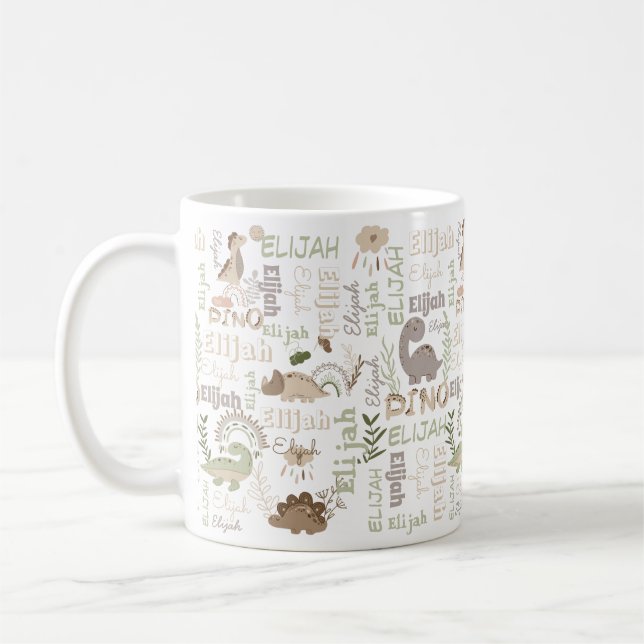 Personalized name boho doodle dinosaur green brow coffee mug (Left)