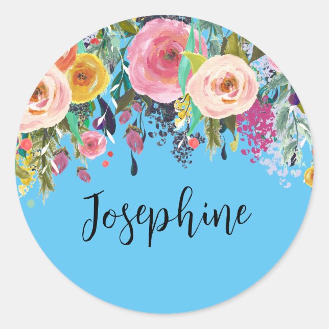 Personalized Name Boho Floral Bedroom Nursery Art Classic Round Sticker (Front)