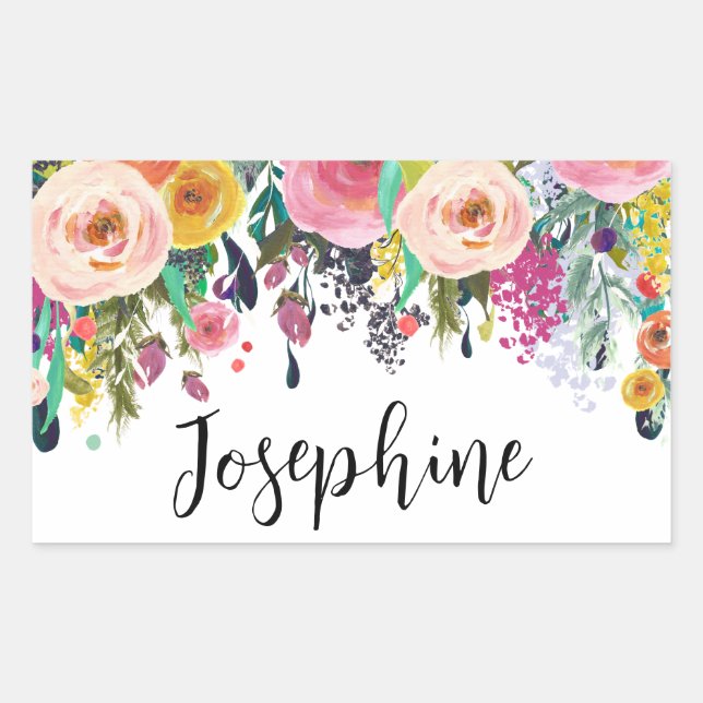 Personalized Name Boho Floral Bedroom Nursery Art Rectangular Sticker (Front)