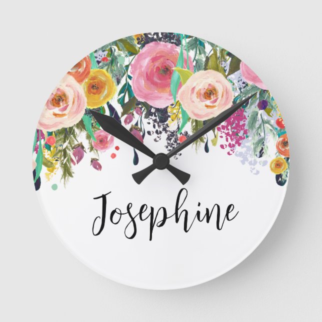 Personalized Name Boho Floral Bedroom Nursery Art Round Clock (Front)