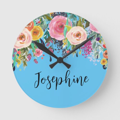 Personalized Name Boho Floral Bedroom Nursery Art Round Clock