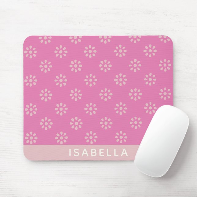 Personalized Name Boho Floral Daisy Girly Pink Mouse Pad (With Mouse)