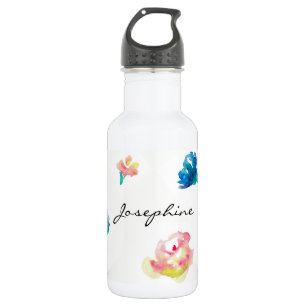 Personalized Name, Boho Flower watercolor painting Water Bottle
