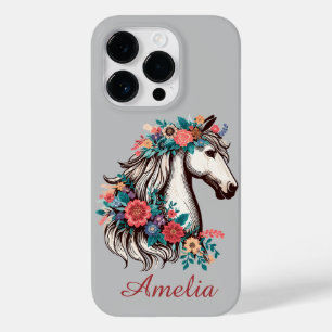 Personalized Name Boho Horse with Flowers Case-Mate iPhone 14 Pro Case