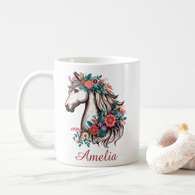 Personalized Name Boho Horse with Flowers Coffee Mug (With Donut)