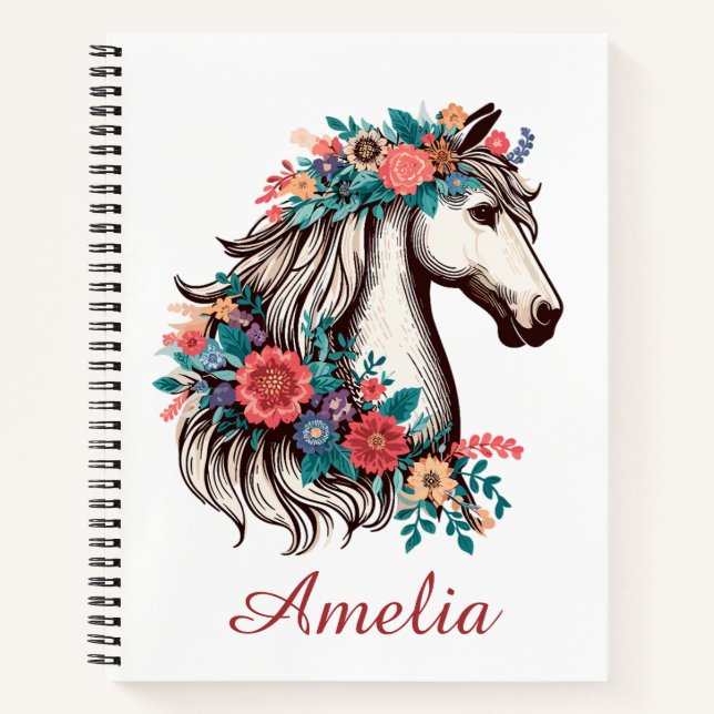 Personalized Name Boho Horse with Flowers Notebook (Front)