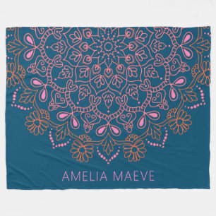 Personalized Name Boho Mandala Floral Blue Pink Fleece Blanket