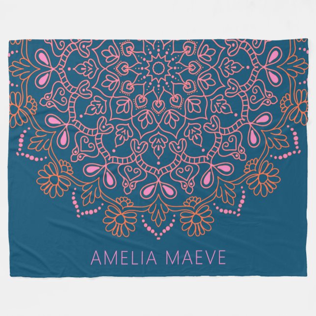 Personalized Name Boho Mandala Floral Blue Pink  Fleece Blanket (Front (Horizontal))