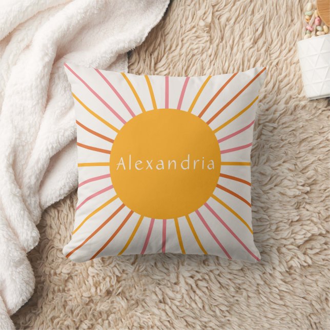 Personalized Name Boho Retro Sun Throw Pillow (Blanket)