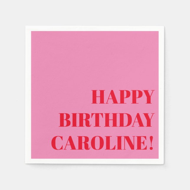 Personalized Name Bold Pink Red Modern Birthday Napkins (Front)