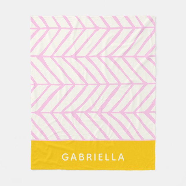 Personalized Name Bold Pink Yellow Chevron Lines Fleece Blanket (Front)