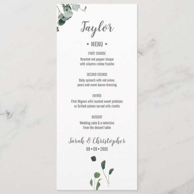 Personalized Name Botanical Greenery leaves Menu (Front)