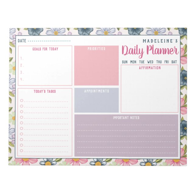 Personalized Name Botanical Pattern Daily Planner Notepad (Front)