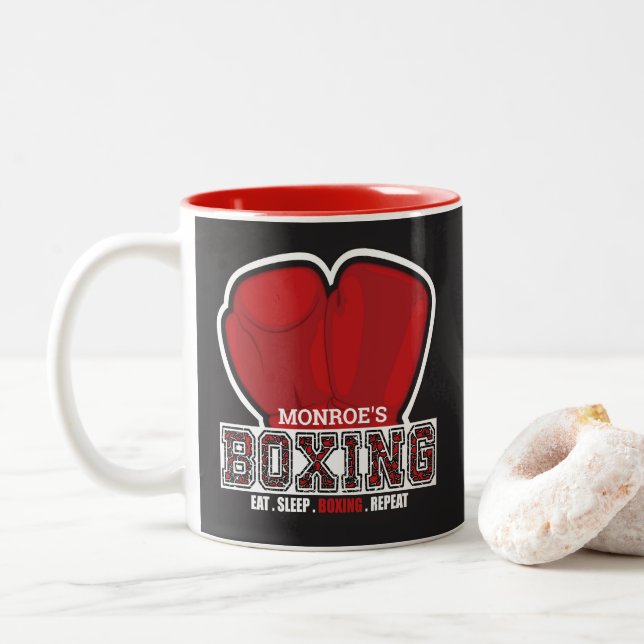 Personalized NAME Boxer Boxing Glove Prize Fighter Two-Tone Coffee Mug (With Donut)