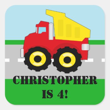 Personalized Name Boys Kids Construction Dumpruck Square Sticker by CustomInvites at Zazzle