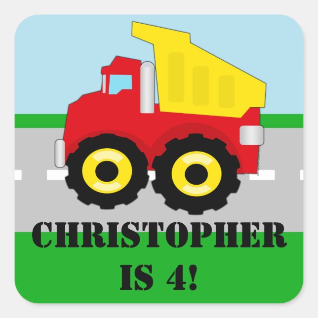 Personalized Name Boys Kids Construction Dumpruck Square Sticker (Front)