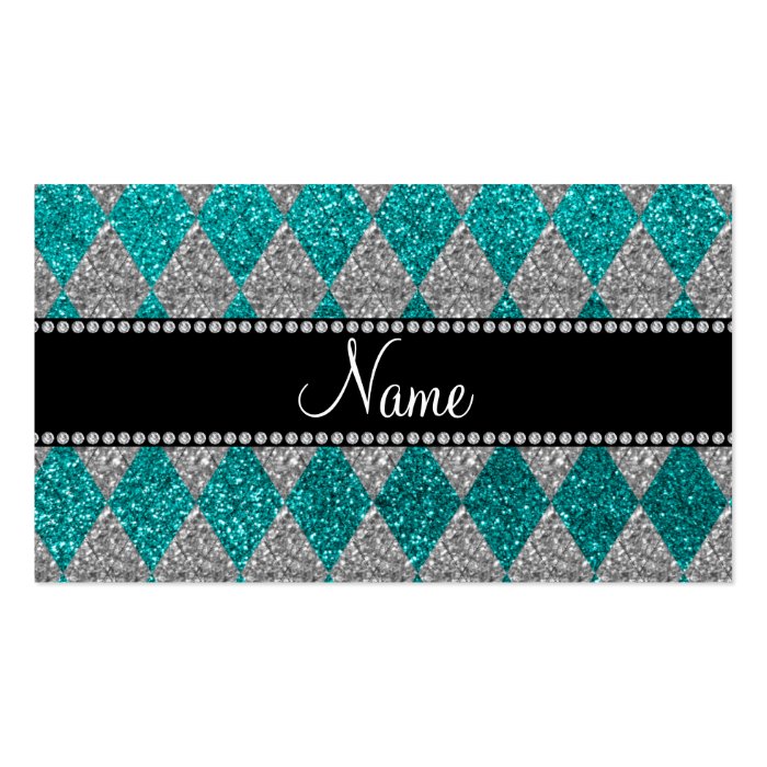 Personalized name bright aqua glitter argyle business cards