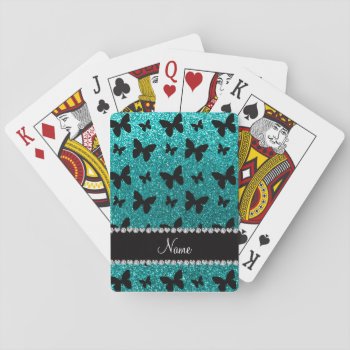 Personalized Name Bright Aqua Glitter Butterflies Playing Cards by Brothergravydesigns at Zazzle