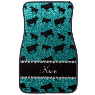 Personalized name bright aqua glitter cows car floor mat