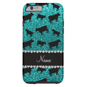 Personalized name bright aqua glitter cows tough iPhone 6 case