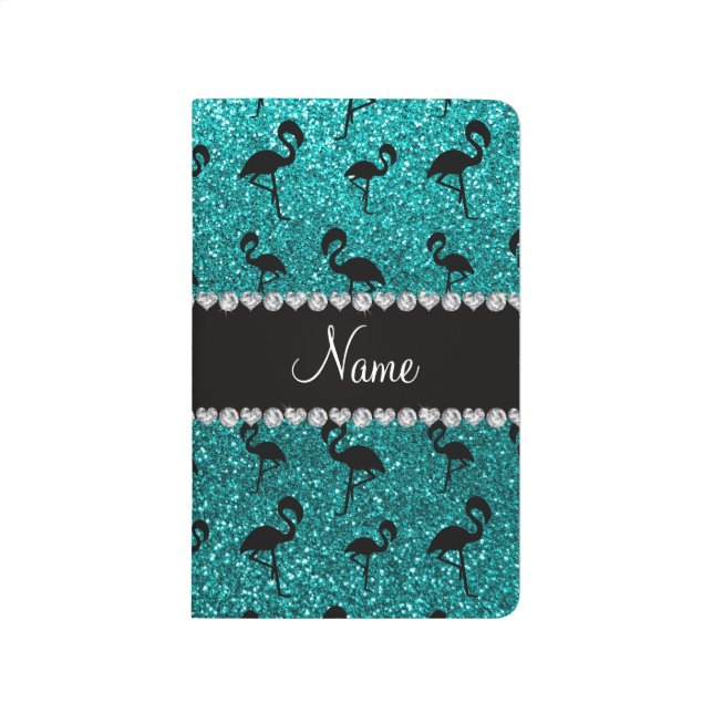 Personalized name bright aqua glitter flamingos journal (Front)