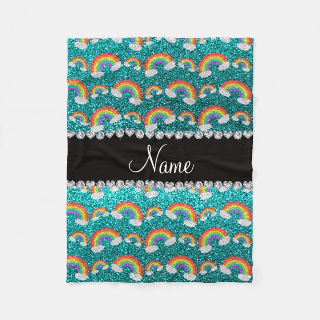 Personalized name bright aqua glitter rainbows fleece blanket (Front)
