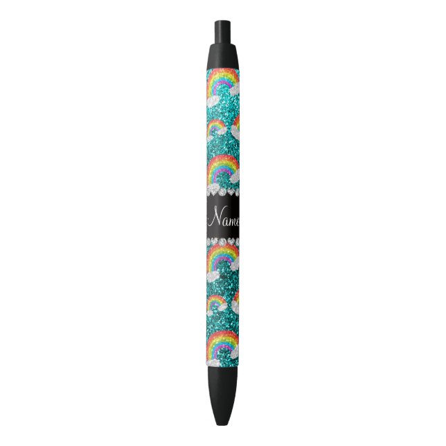 Personalized name bright aqua glitter rainbows pen (Front Vertical)